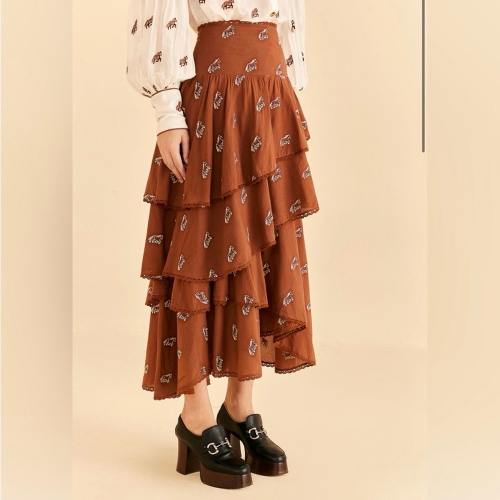 Farm Rio Caramel Embroidered Horses Layered Maxi Skirt